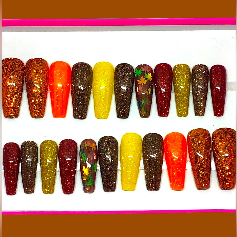 Handmade Custom Press on Nails Long Coffin UV Gel Glitter Metallic Fall Leaves - Picture 3 of 10